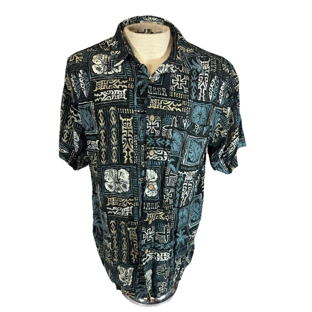 Hawaiian Shirt Mens L RON CHERESKIN Tribal Black Blue Tan White Camp Shirt
